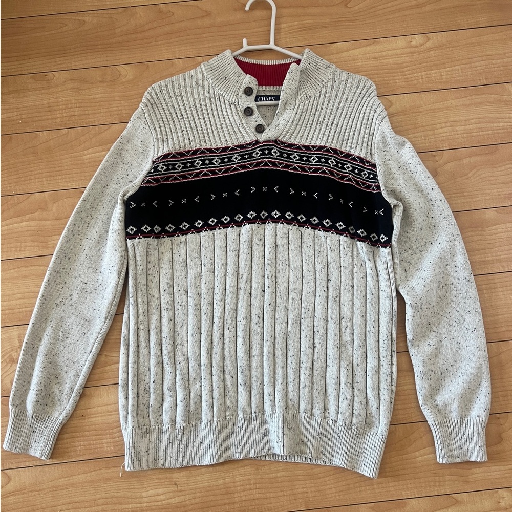 Chaps Cream and Black Patterned Crewneck Sweater